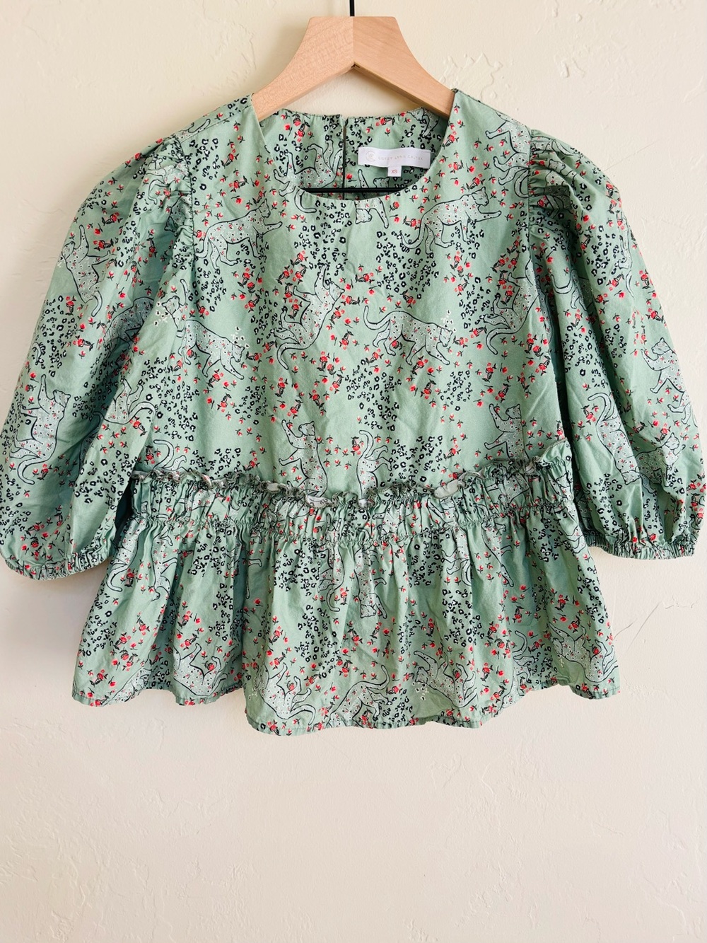 Corey Lynn Calter Peggy Women’s Blouse Mist Green Leopard and Floral Print XS
